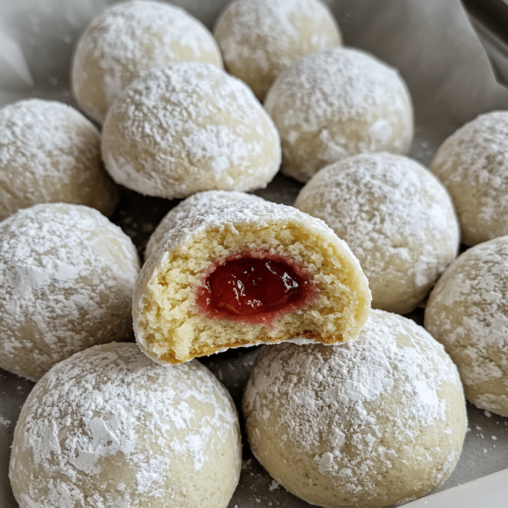 Cherry Snowball Cookies with their signature pink tint and snowy powdered sugar coating