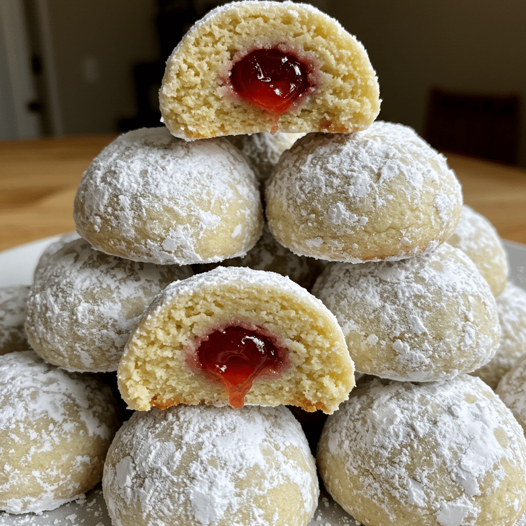Cherry Snowball Cookies with their signature pink tint and snowy powdered sugar coating