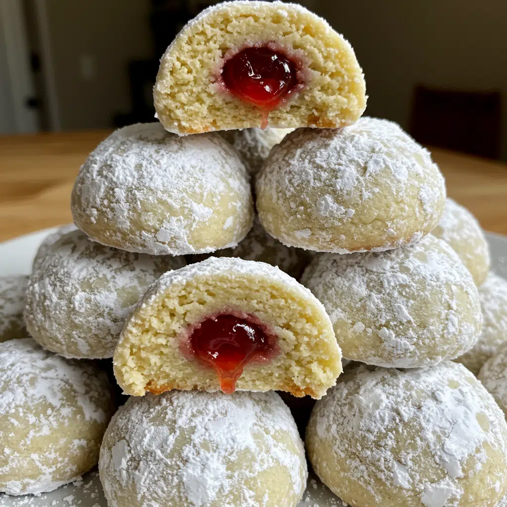 Cherry Snowball Cookies with their signature pink tint and snowy powdered sugar coating