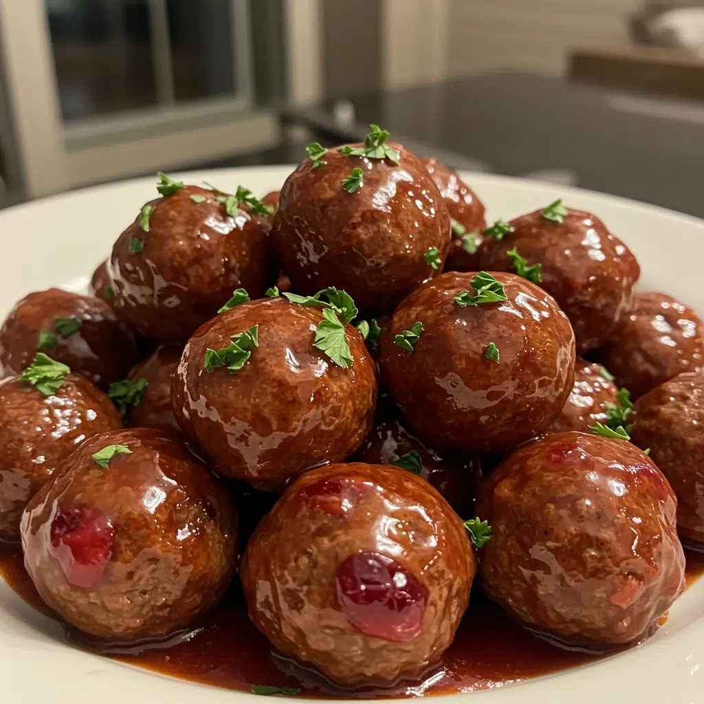 Homemade cranberry meatballs with glossy cranberry BBQ glaze in a white serving bowl on a wooden table