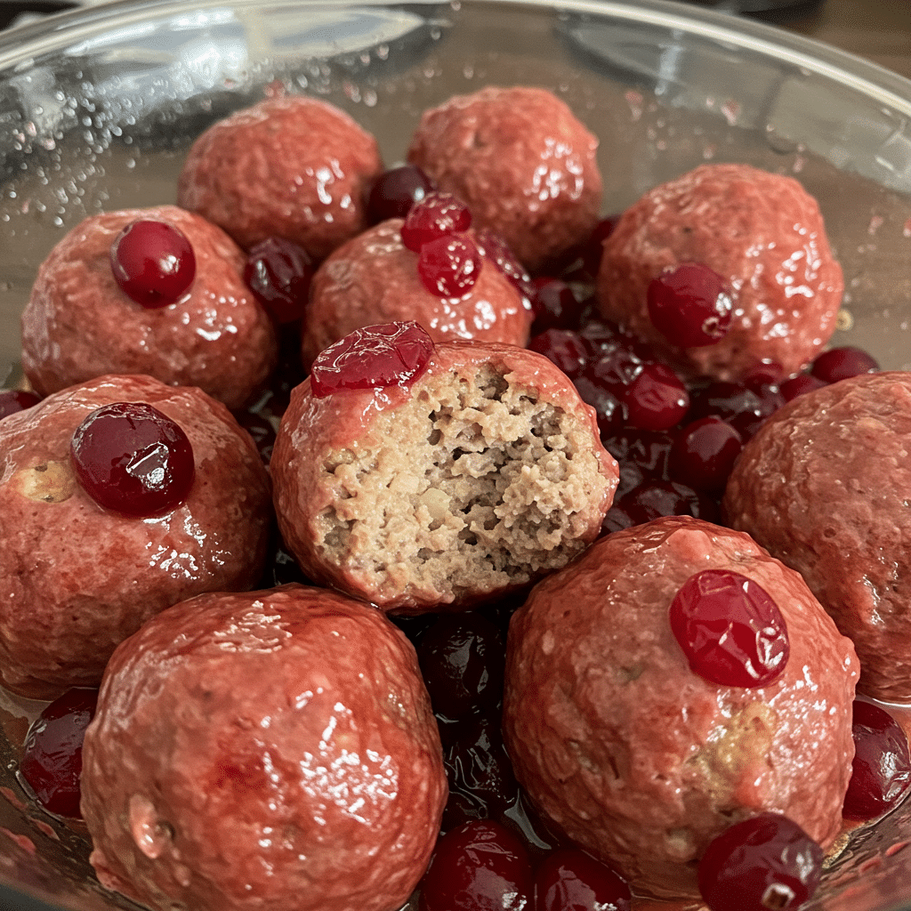 Homemade cranberry meatballs with glossy cranberry BBQ glaze in a white serving bowl on a wooden table