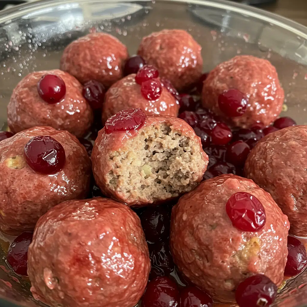 Homemade cranberry meatballs with glossy cranberry BBQ glaze in a white serving bowl on a wooden table