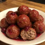 Homemade cranberry meatballs with glossy cranberry BBQ glaze in a white serving bowl on a wooden table