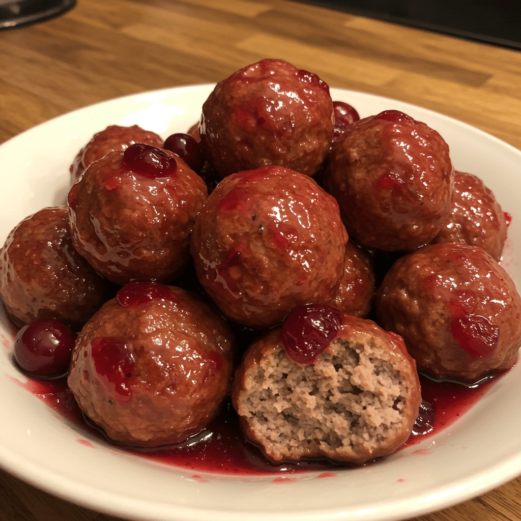 Homemade cranberry meatballs with glossy cranberry BBQ glaze in a white serving bowl on a wooden table