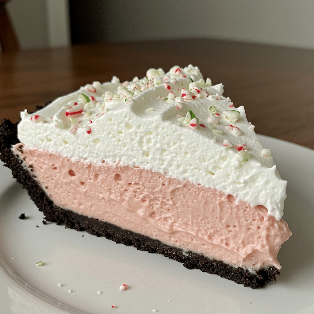 No bake peppermint pie with pink filling, Oreo cookie crust, and candy cane kiss toppings on white plate