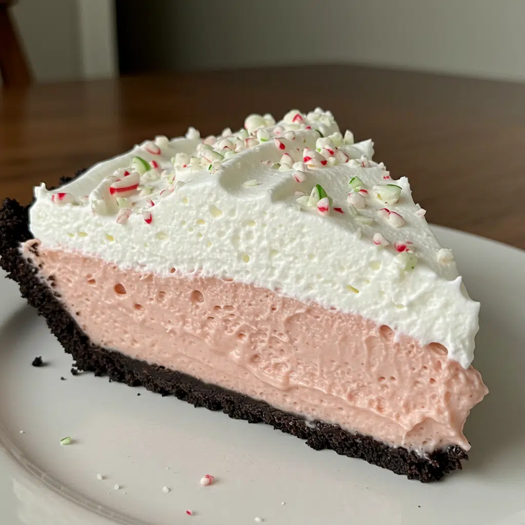 Home Page 3 No bake peppermint pie with pink filling, Oreo cookie crust, and candy cane kiss toppings on white plate