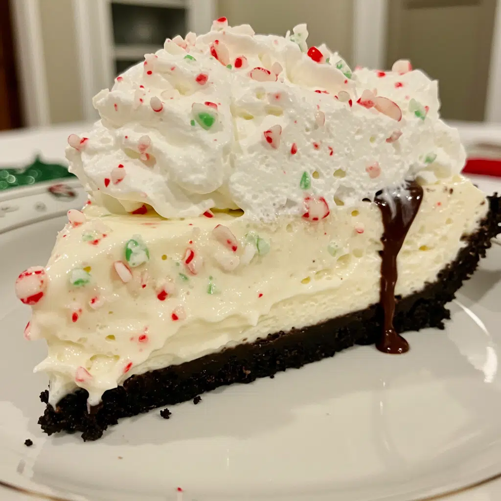 No bake peppermint pie with pink filling, Oreo cookie crust, and candy cane kiss toppings on white plate