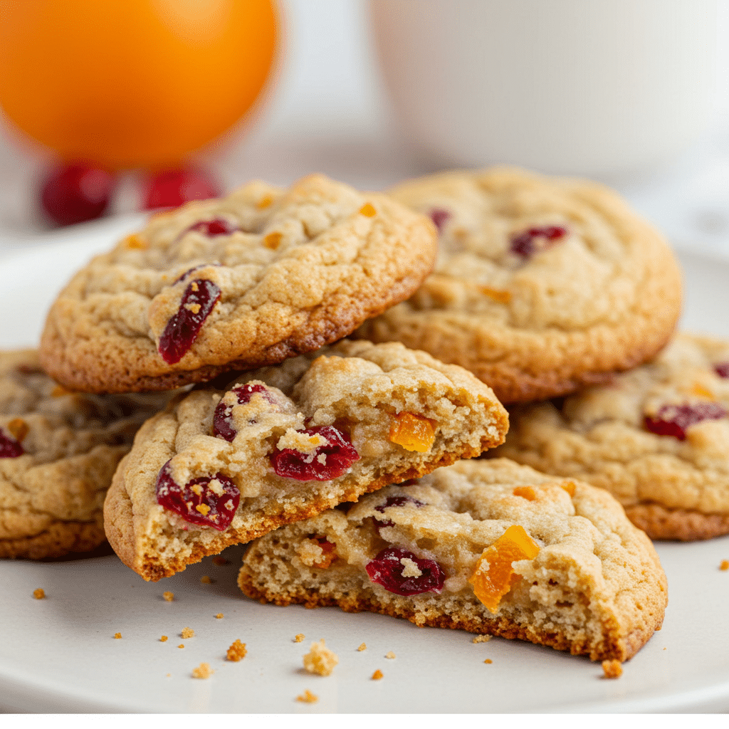 Golden brown cranberry orange cookies cooling on a wire rack, showing their perfectly chewy texture with visible cranberry pieces and a light golden color around the edges.