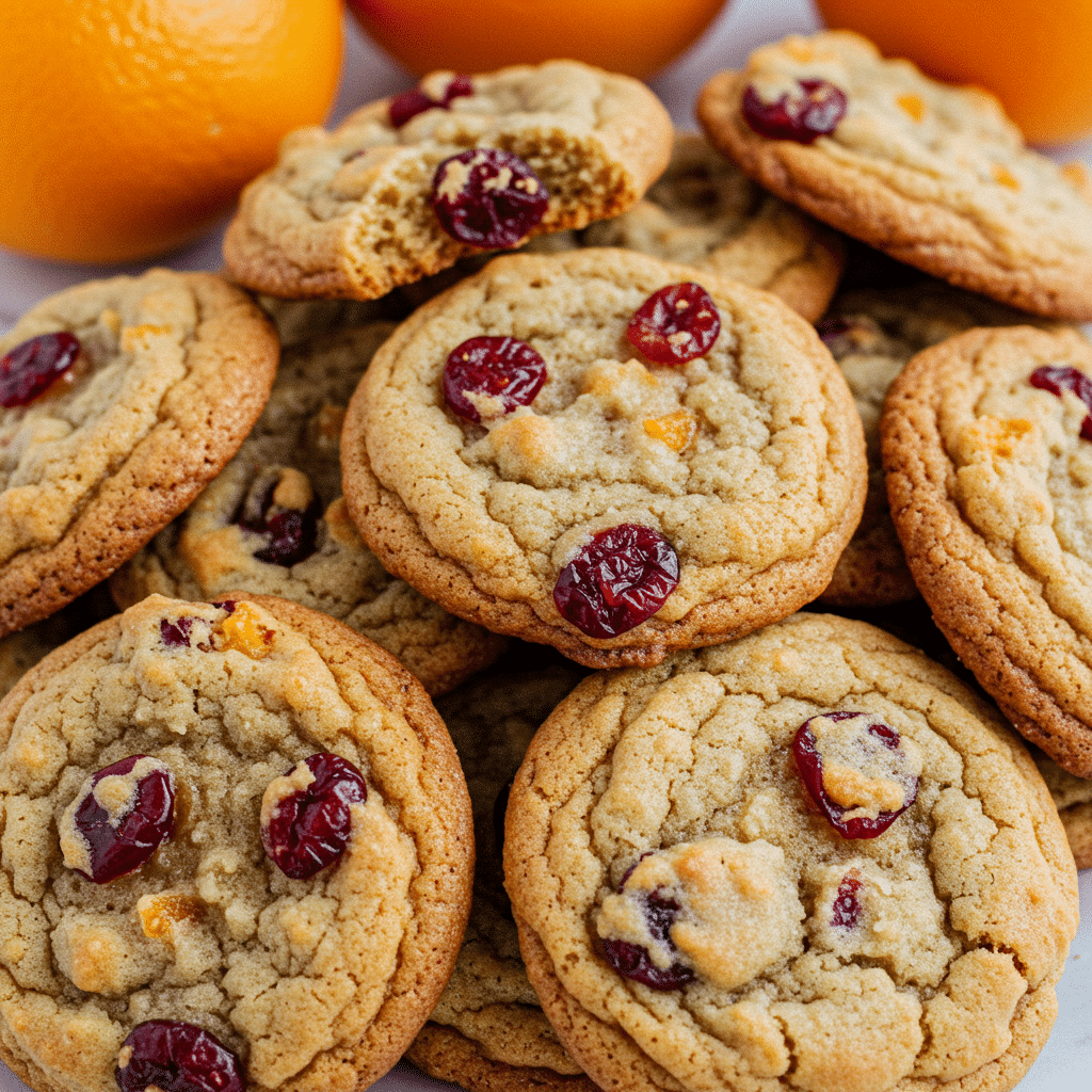 Golden brown cranberry orange cookies cooling on a wire rack, showing their perfectly chewy texture with visible cranberry pieces and a light golden color around the edges.