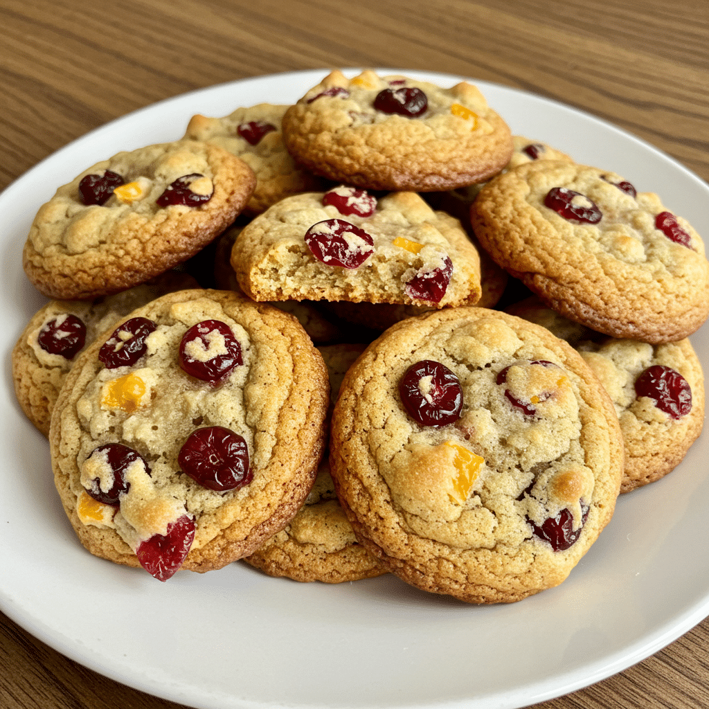 Golden brown cranberry orange cookies cooling on a wire rack, showing their perfectly chewy texture with visible cranberry pieces and a light golden color around the edges.