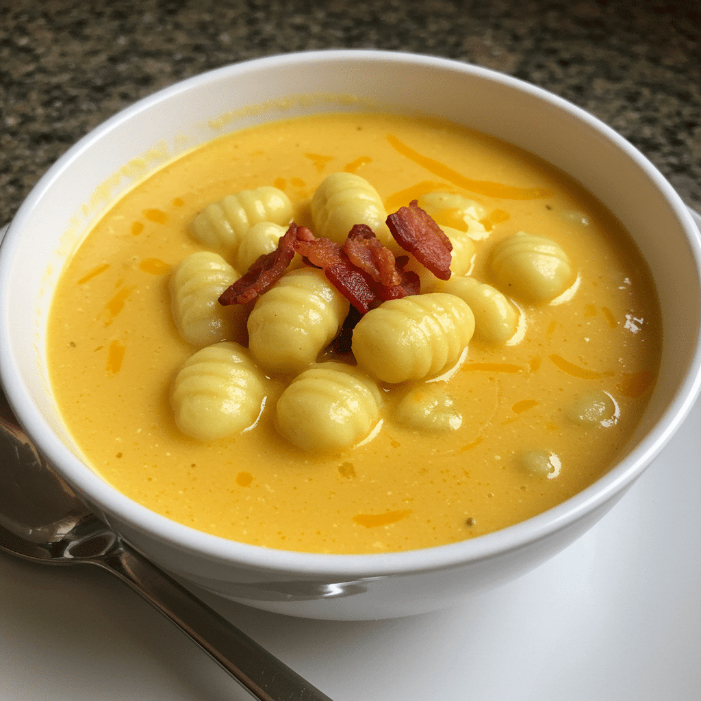 A bowl of creamy bacon cheddar gnocchi soup garnished with crispy bacon bits and green onions, served with crusty bread