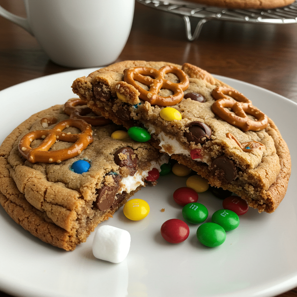 Christmas kitchen sink cookies loaded with colorful M&M's, pretzel pieces, chocolate chips, and marshmallows on a white plate
