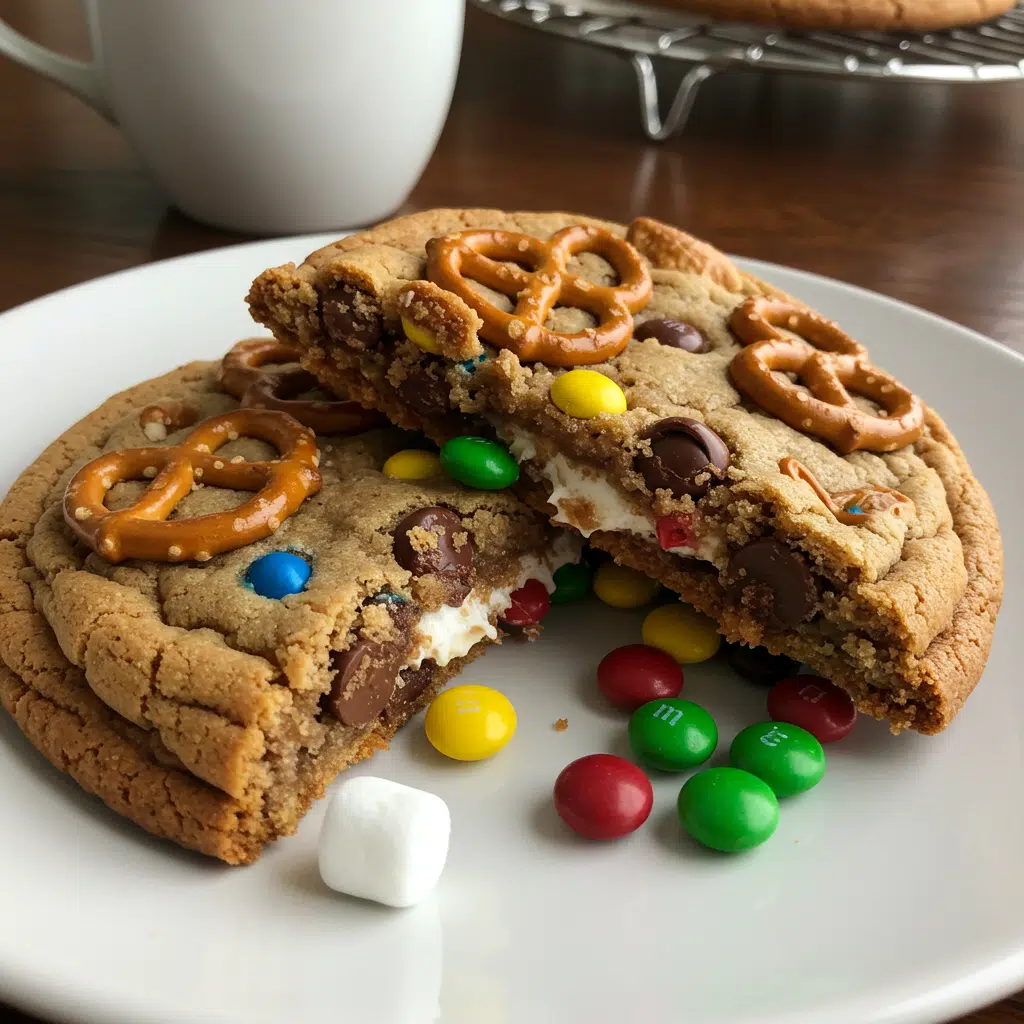 Home Page 6 Christmas kitchen sink cookies loaded with colorful M&M's, pretzel pieces, chocolate chips, and marshmallows on a white plate