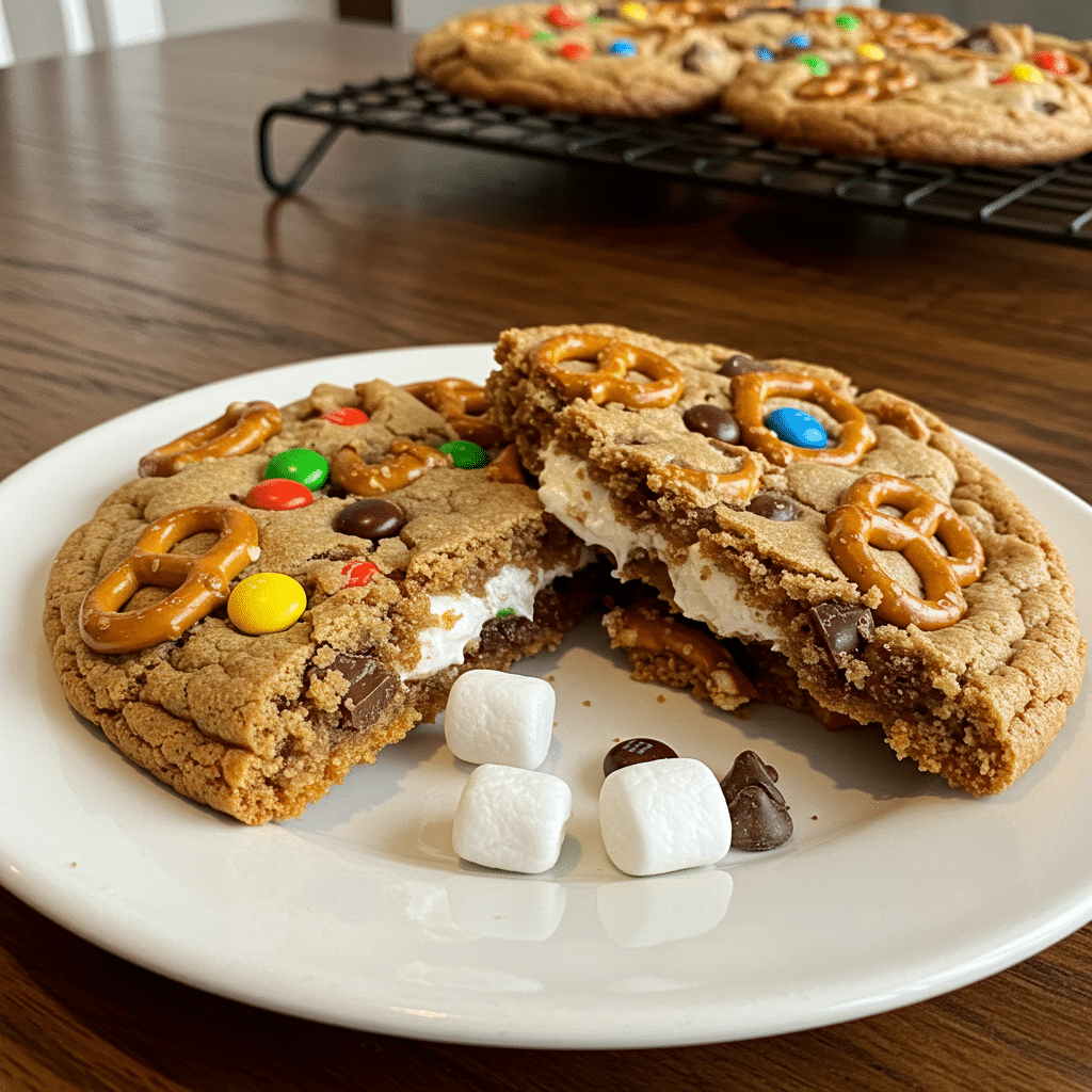 Christmas kitchen sink cookies loaded with colorful M&M's, pretzel pieces, chocolate chips, and marshmallows on a white plate