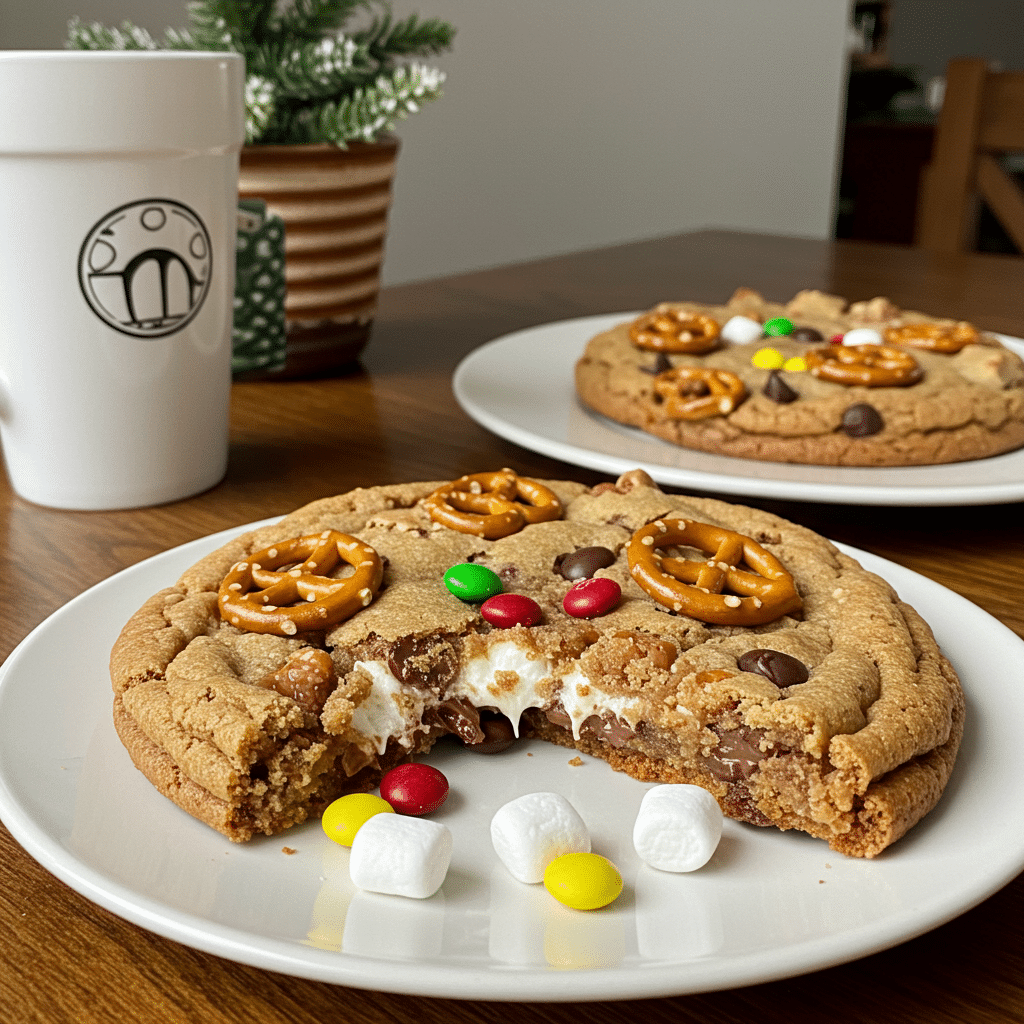 Christmas kitchen sink cookies loaded with colorful M&M's, pretzel pieces, chocolate chips, and marshmallows on a white plate
