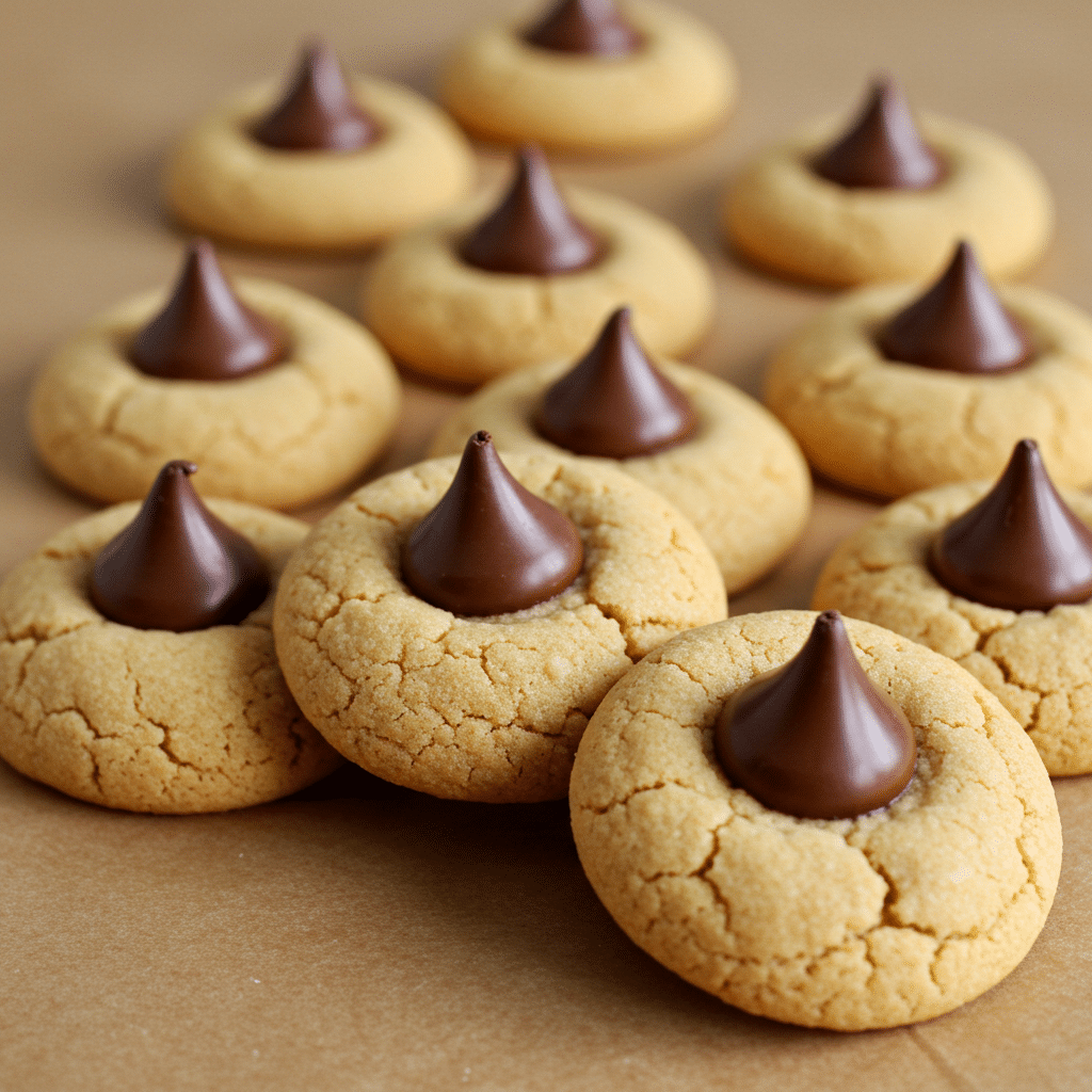 Soft, golden peanut butter cookies topped with chocolate Hershey's kisses arranged on a white plate