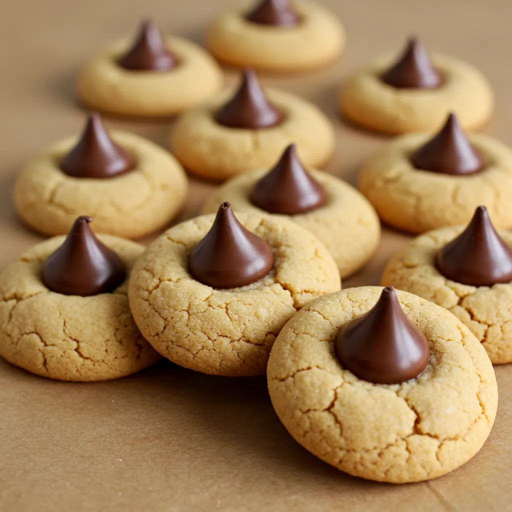 Soft, golden peanut butter cookies topped with chocolate Hershey's kisses arranged on a white plate