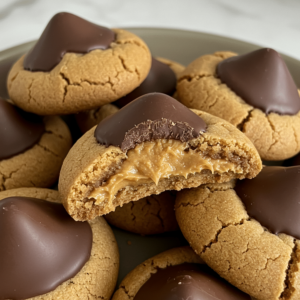 Soft, golden peanut butter cookies topped with chocolate Hershey's kisses arranged on a white plate