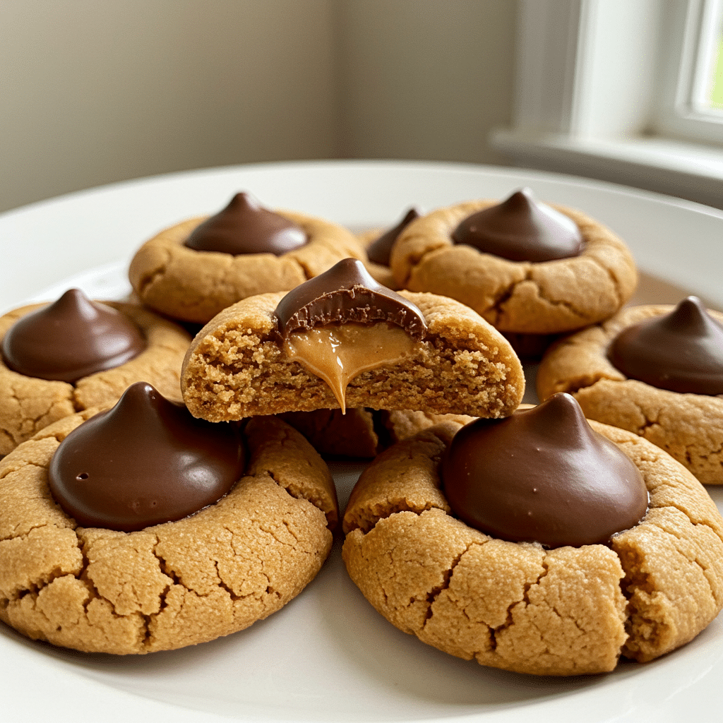 Soft, golden peanut butter cookies topped with chocolate Hershey's kisses arranged on a white plate
