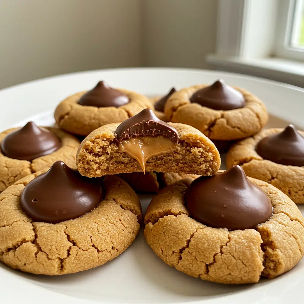 Soft, golden peanut butter cookies topped with chocolate Hershey's kisses arranged on a white plate