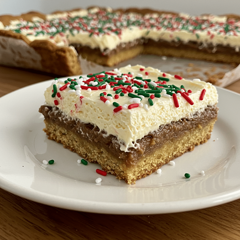 Festive Christmas cookie bars with red and green marbled swirls and colorful sprinkles on top, cut into squares on a white plate