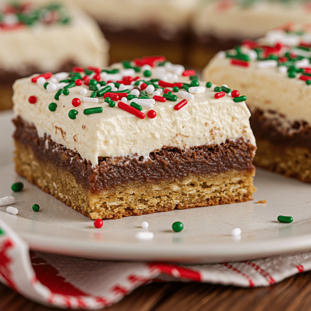 Festive Christmas cookie bars with red and green marbled swirls and colorful sprinkles on top, cut into squares on a white plate