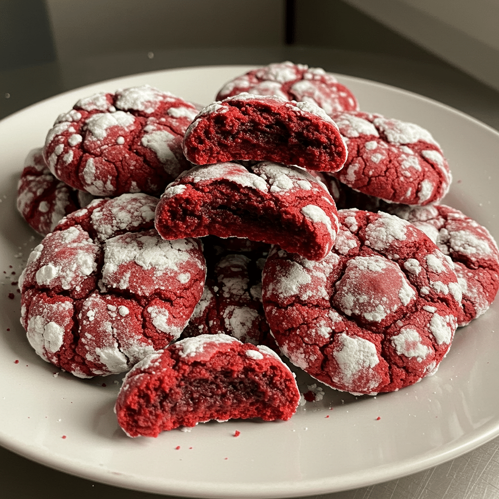 Red velvet crinkle cookies with white powdered sugar coating and beautiful cracked tops, arranged on parchment paper