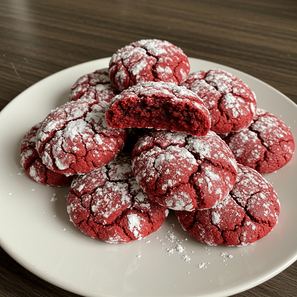 Red velvet crinkle cookies with white powdered sugar coating and beautiful cracked tops, arranged on parchment paper