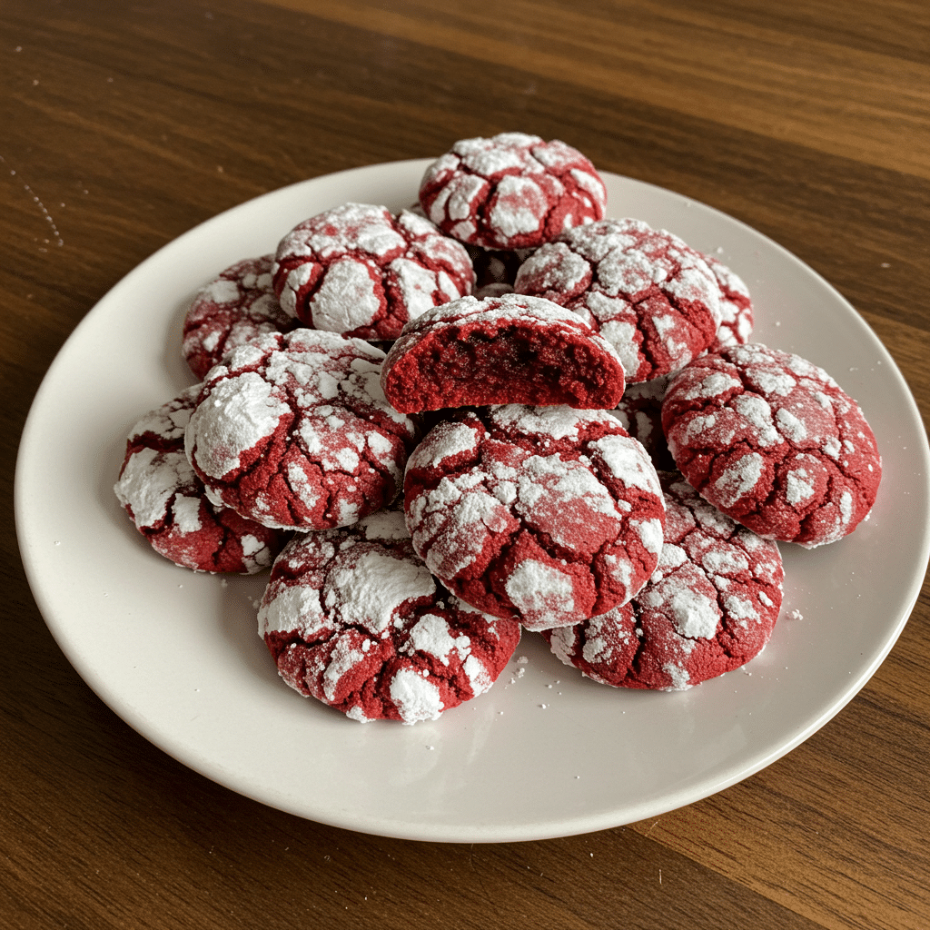 Red velvet crinkle cookies with white powdered sugar coating and beautiful cracked tops, arranged on parchment paper