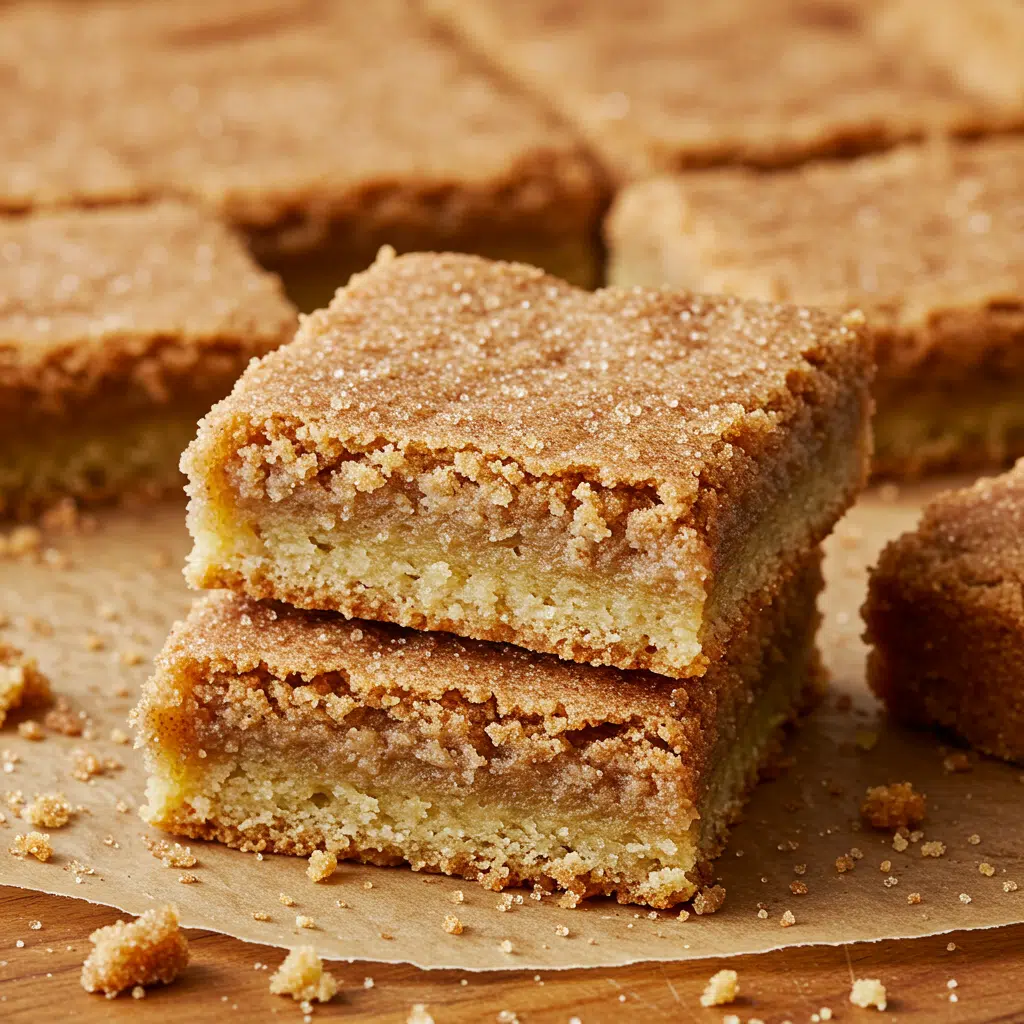 Golden brown snickerdoodle cookie bars cut into squares with cinnamon sugar topping visible