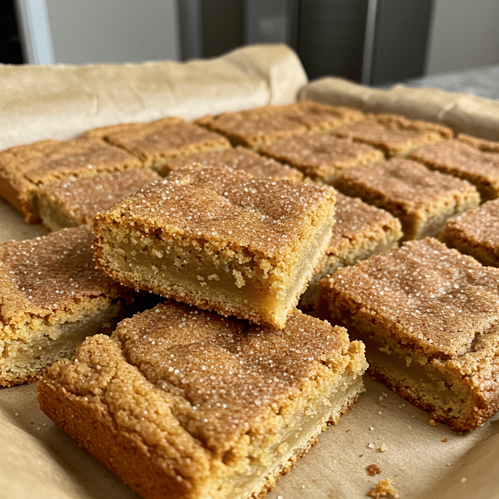 Golden brown snickerdoodle cookie bars cut into squares with cinnamon sugar topping visible