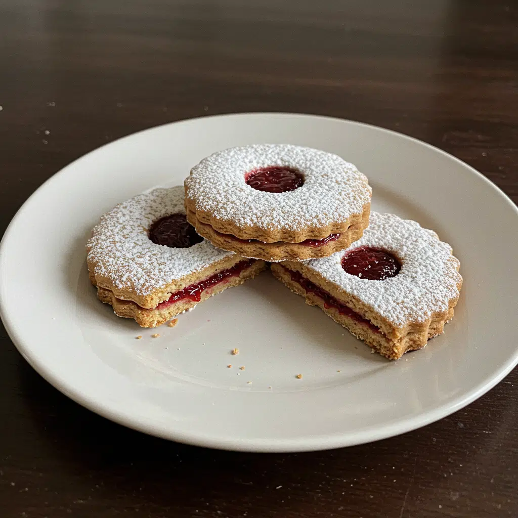 Classic raspberry linzer cookies with powdered sugar dusting and ruby red jam showing through heart-shaped cut-out windows, arranged on a white serving platter