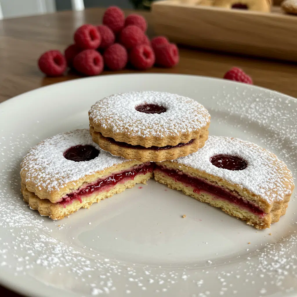 Classic raspberry linzer cookies with powdered sugar dusting and ruby red jam showing through heart-shaped cut-out windows, arranged on a white serving platter