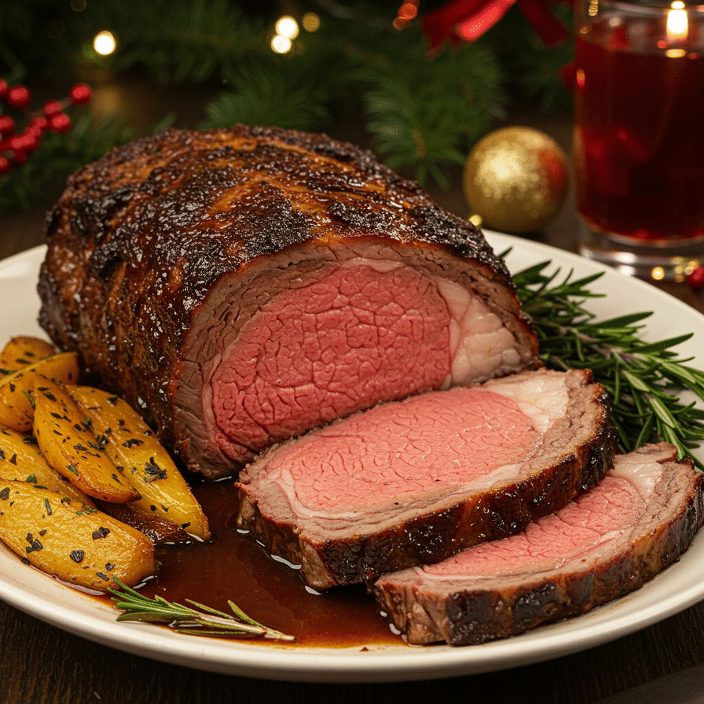 Golden-brown Christmas prime rib roast with herb crust, sliced and served on a white platter with au jus sauce alongside