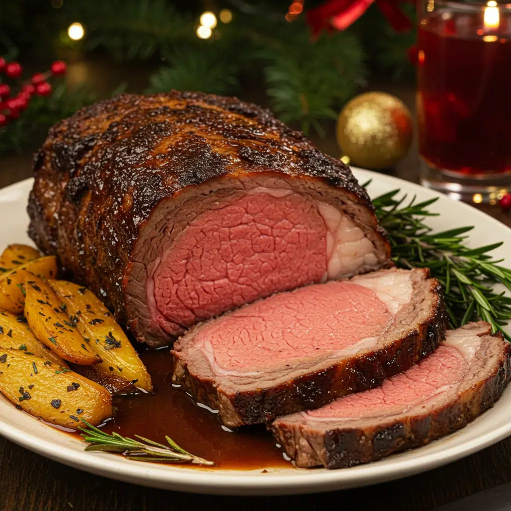 Home Page 5 Golden-brown Christmas prime rib roast with herb crust, sliced and served on a white platter with au jus sauce alongside