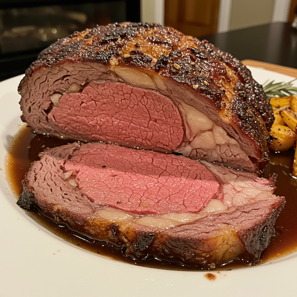 Golden-brown Christmas prime rib roast with herb crust, sliced and served on a white platter with au jus sauce alongside