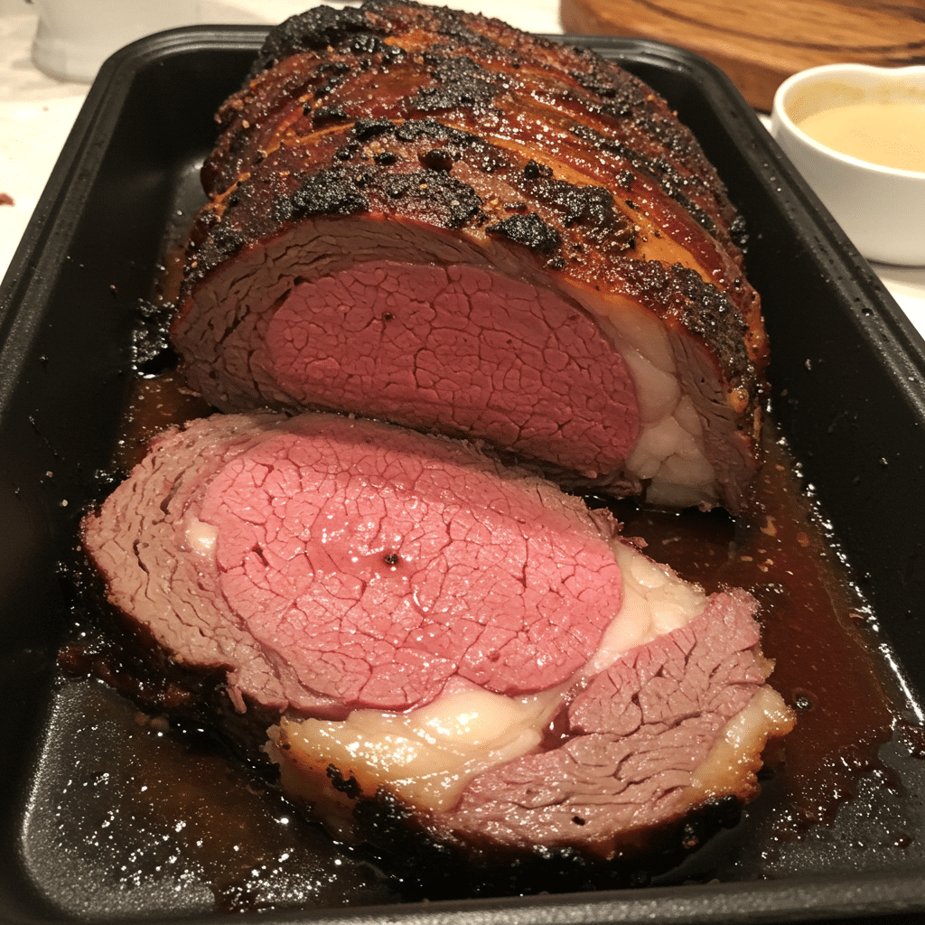 Golden-brown Christmas prime rib roast with herb crust, sliced and served on a white platter with au jus sauce alongside