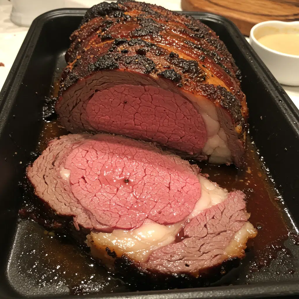 Golden-brown Christmas prime rib roast with herb crust, sliced and served on a white platter with au jus sauce alongside