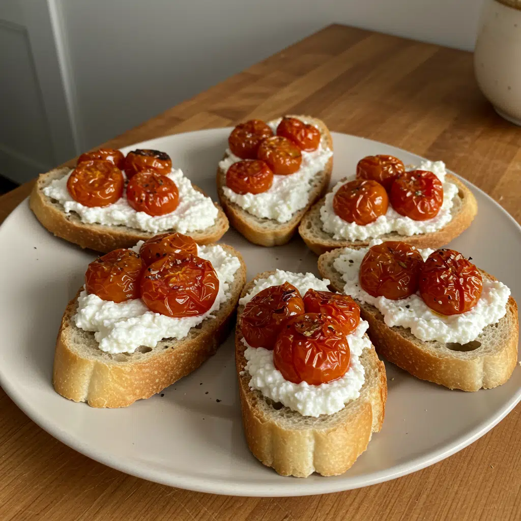 Home Page 6 Ricotta Crostini with Roasted Tomatoes are the perfect elegant appetizer that comes together with just a handful of simple ingredients