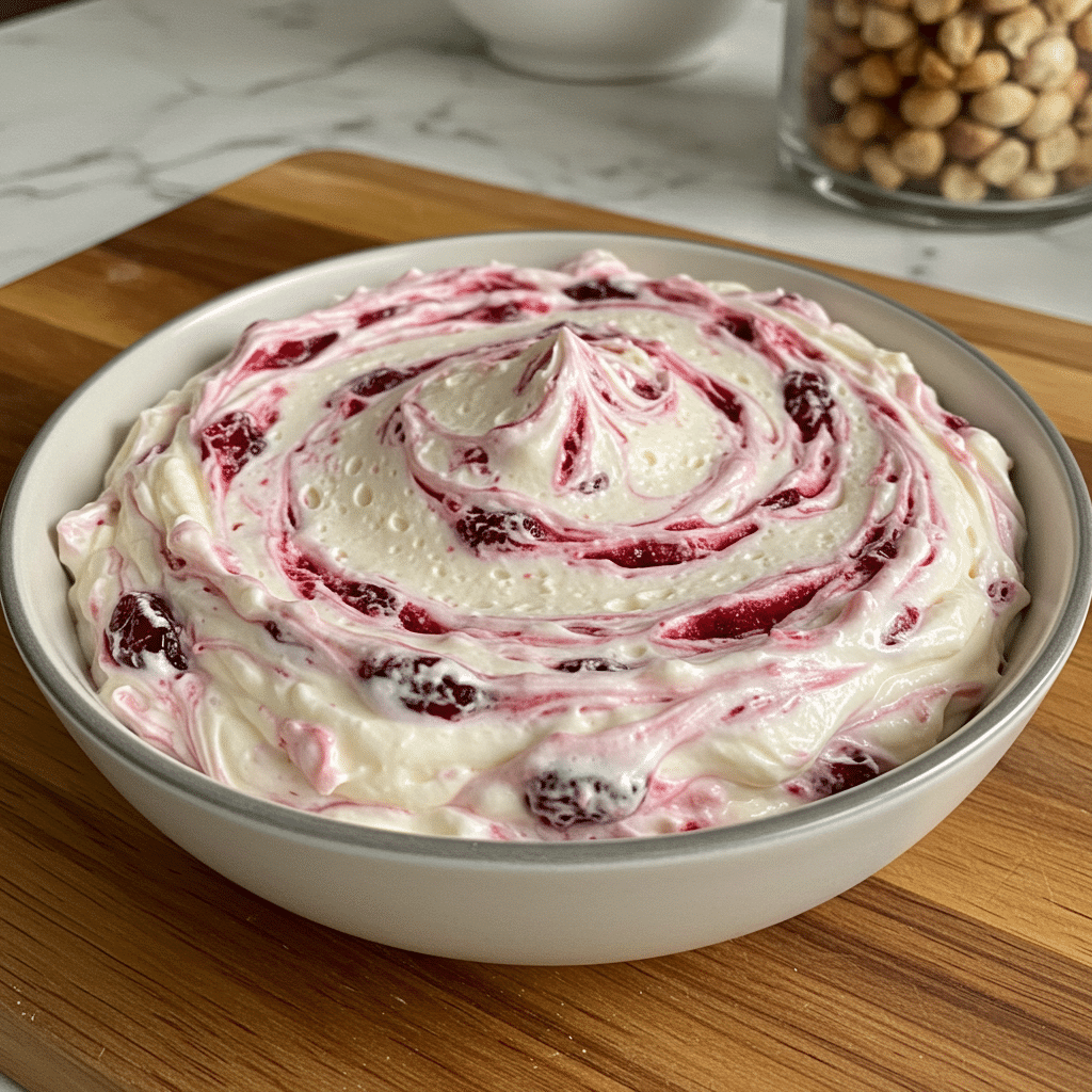 Cranberry cream cheese dip on a white plate topped with bright red cranberry sauce and sliced green onions, surrounded by crackers and apple slices