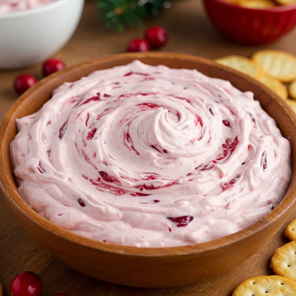 Cranberry cream cheese dip on a white plate topped with bright red cranberry sauce and sliced green onions, surrounded by crackers and apple slices