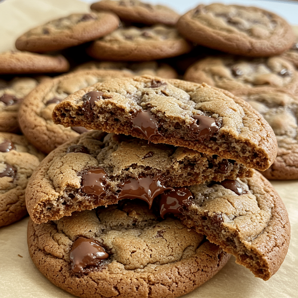 Thick, golden-brown chocolate chip cookies with visible chocolate chips, arranged on parchment paper with a glass of milk in the background.