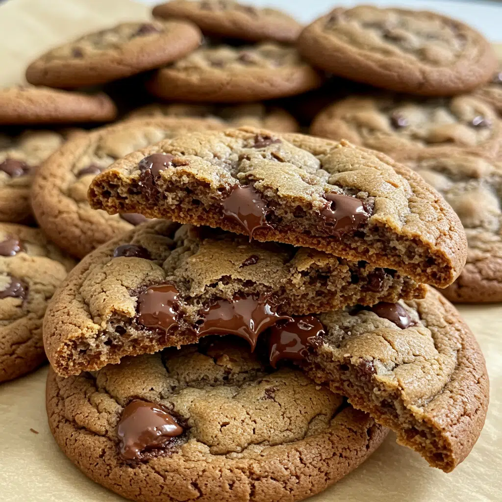 Thick, golden-brown chocolate chip cookies with visible chocolate chips, arranged on parchment paper with a glass of milk in the background.