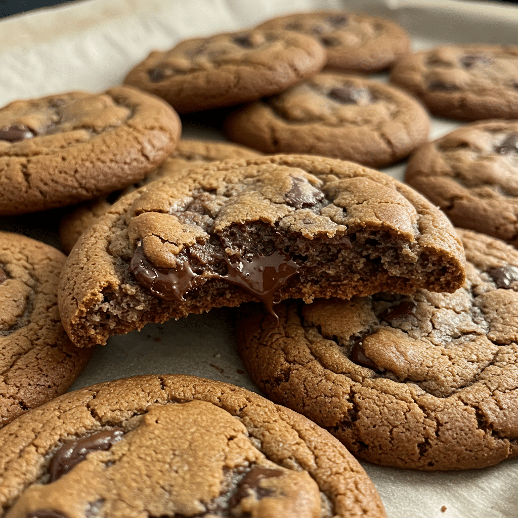Thick, golden-brown chocolate chip cookies with visible chocolate chips, arranged on parchment paper with a glass of milk in the background.