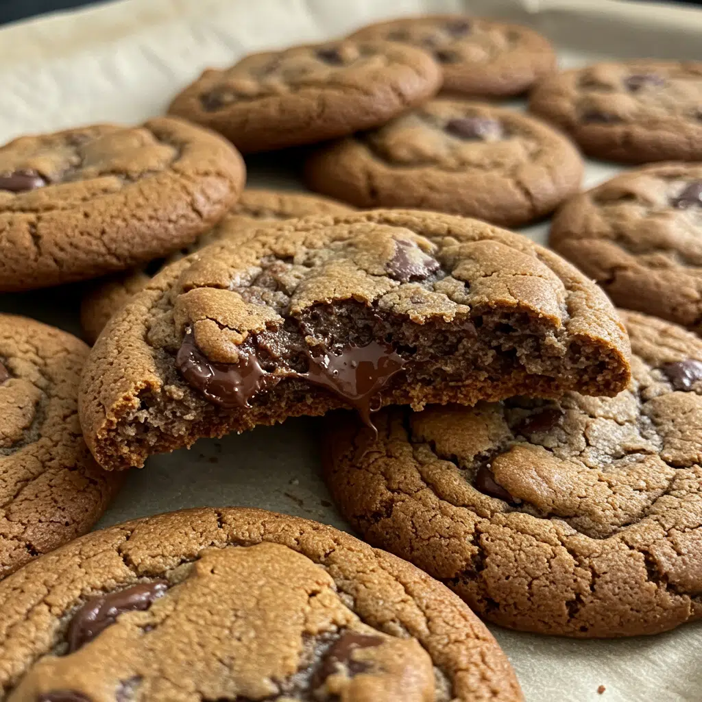 Thick, golden-brown chocolate chip cookies with visible chocolate chips, arranged on parchment paper with a glass of milk in the background.