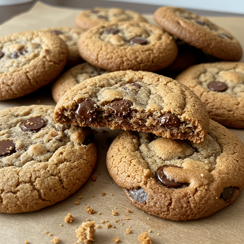 Thick, golden-brown chocolate chip cookies with visible chocolate chips, arranged on parchment paper with a glass of milk in the background.