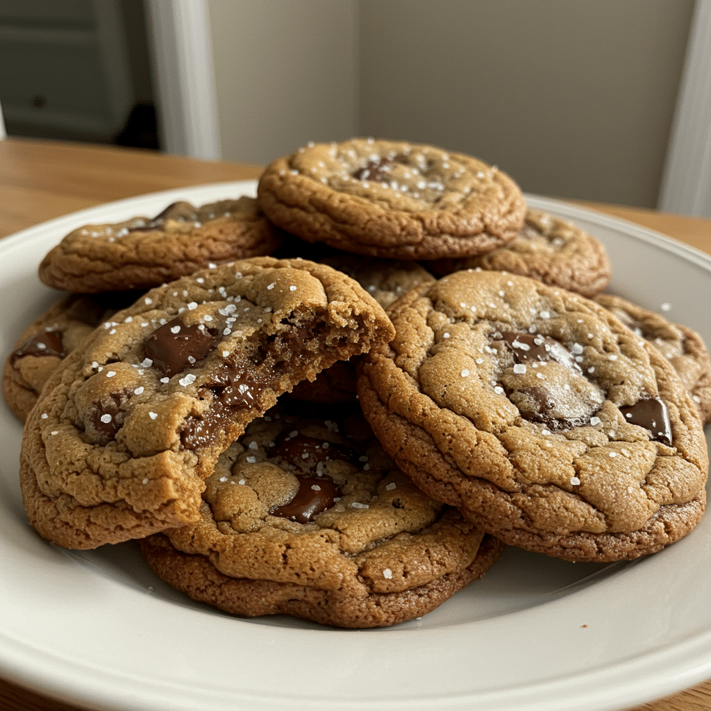 salted brown butter chocolate chip cookies feature crispy edges, chewy centers, and pools of melted chocolate finished with flaky sea salt