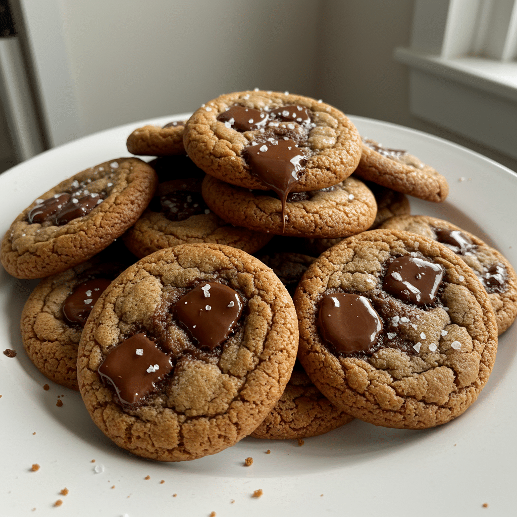 salted brown butter chocolate chip cookies feature crispy edges, chewy centers, and pools of melted chocolate finished with flaky sea salt