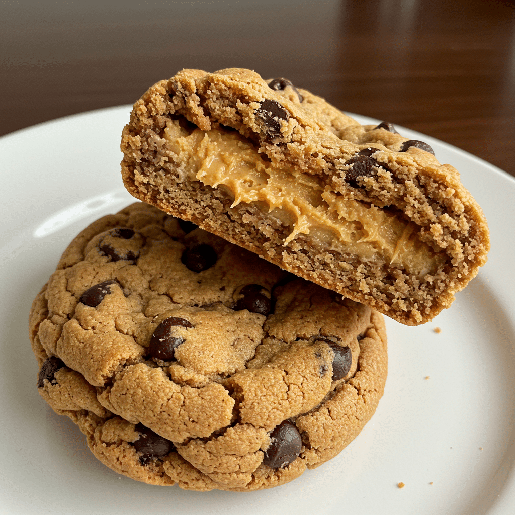 Stack of thick, chewy peanut butter chocolate chip cookies with visible chocolate chips, golden brown edges, and soft centers on a white plate