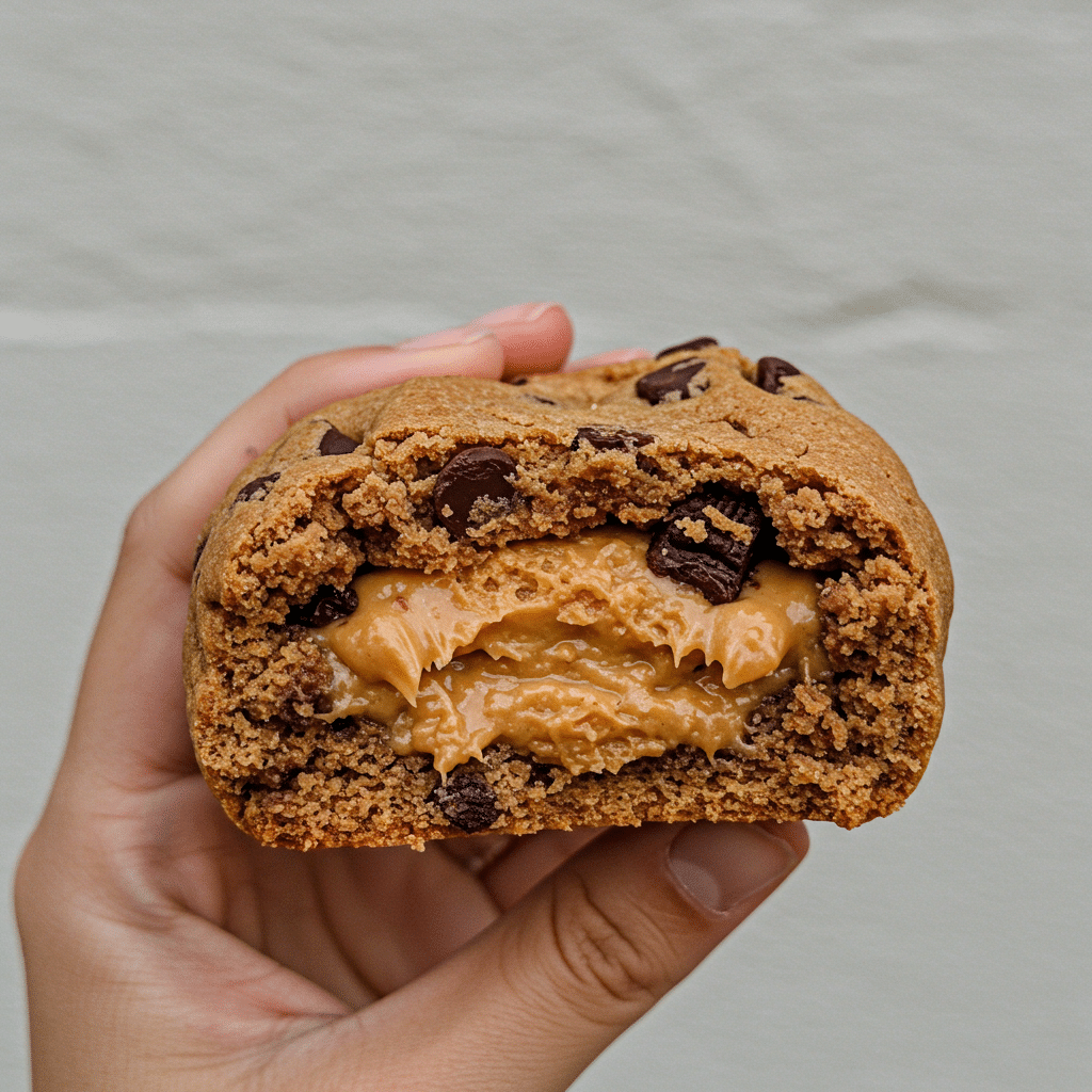 Stack of thick, chewy peanut butter chocolate chip cookies with visible chocolate chips, golden brown edges, and soft centers on a white plate